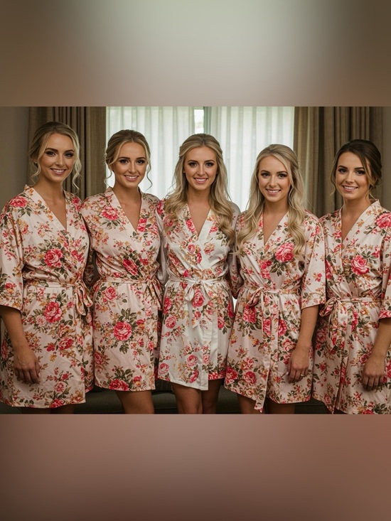 Other - Floral Satin Bride and Bridesmaid Robes-  White & Pink Rose Print